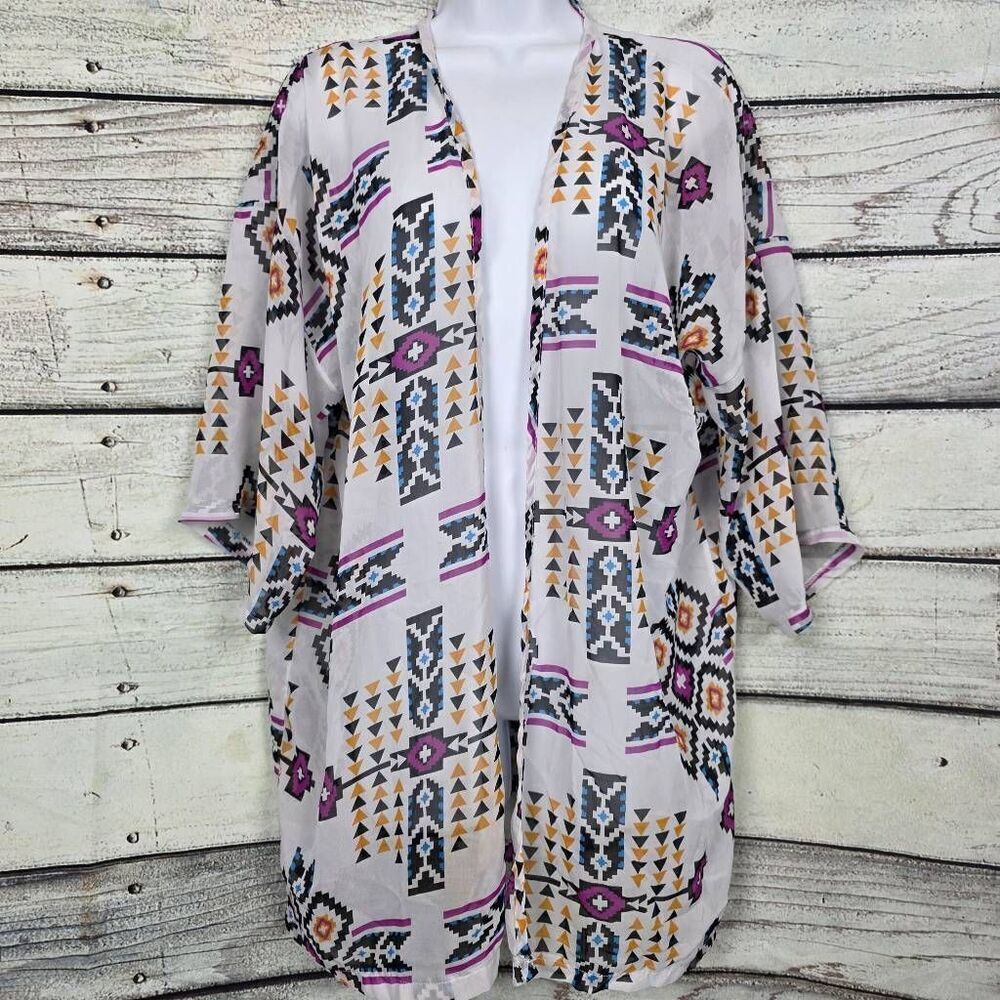 Tribal Print Open Front Kimono Lightweight Cover Up One Size